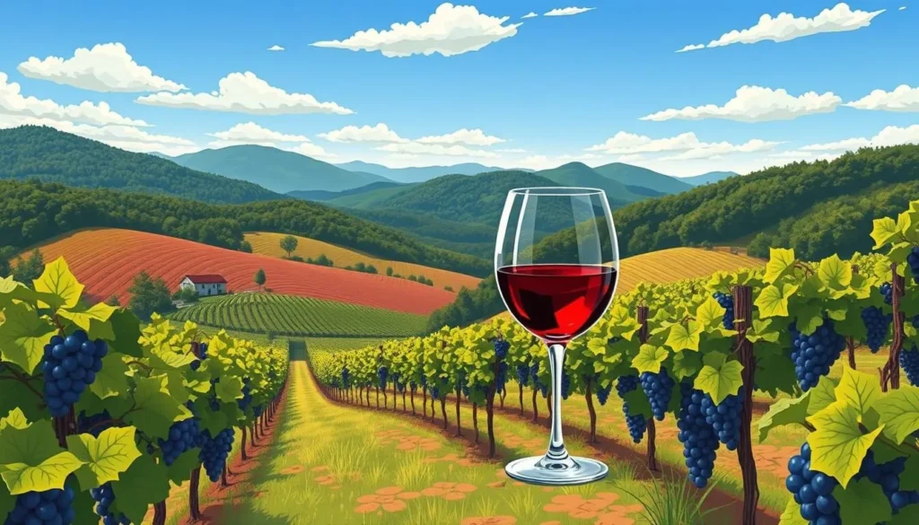 Image of a vineyard in the Blue Ridge Mountains with a glass of wine