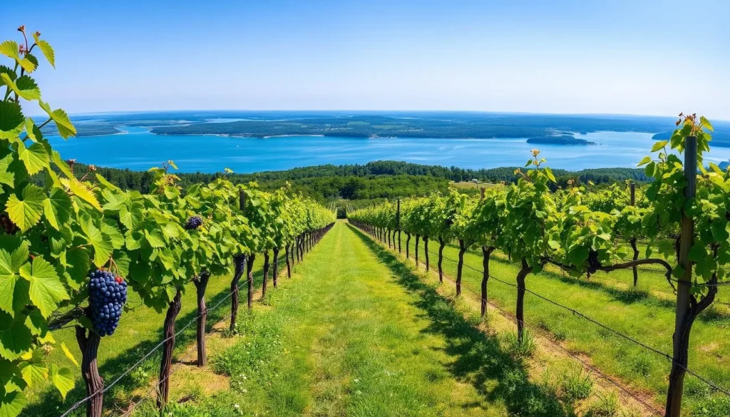 Image of a vineyard in the Finger Lakes region with a panoramic view of a lake