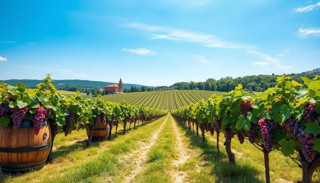 Image of a vineyard in the Tokaj Wine Region with wine barrels and grapes