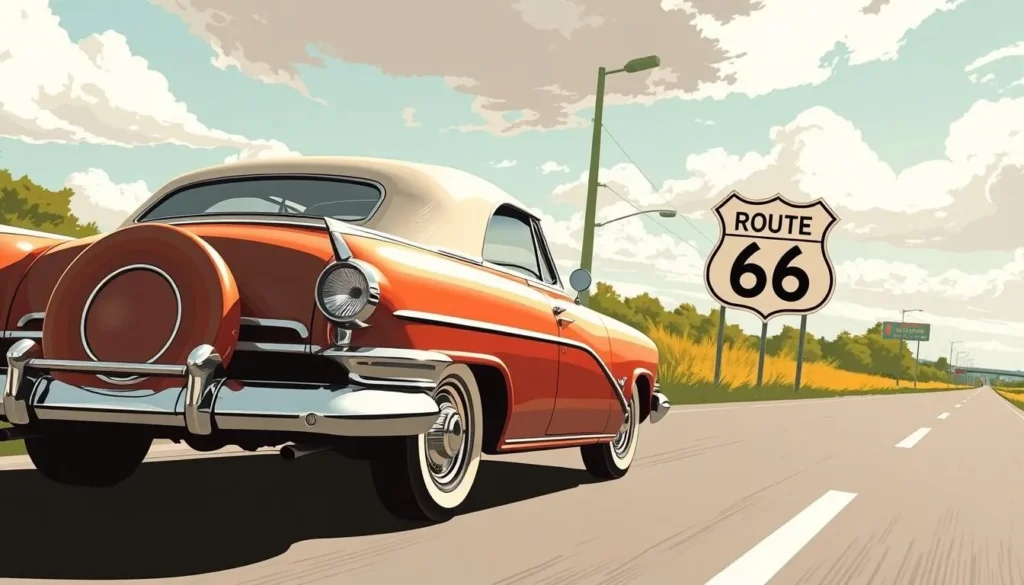 Image of a vintage car driving down Route 66 in Springfield, Missouri