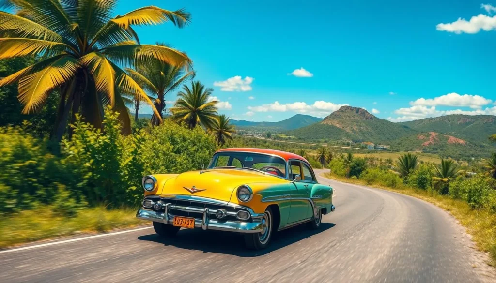 Image of a vintage car driving down a scenic Cuban road