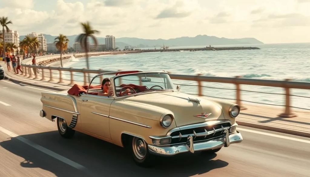 Image of a vintage convertible cruising along Havana's Malecón seaside promenade