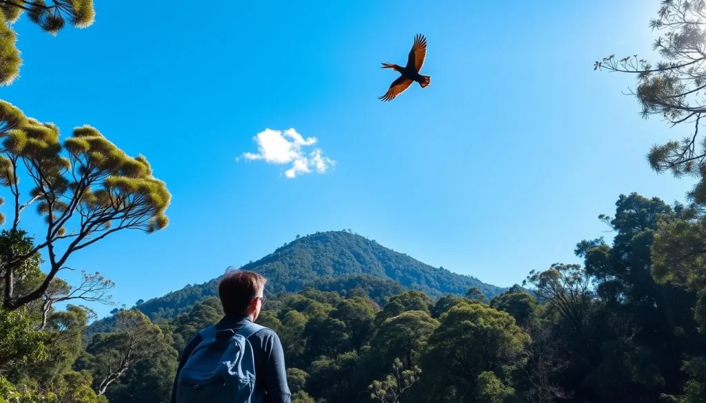 Image of a visitor walking through the forest at Sanctuary Mountain Maungatautari, with native birds flying overhead.