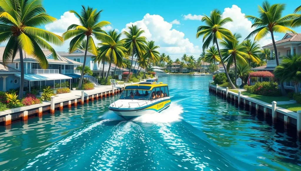 Image of a water taxi navigating through Fort Lauderdale's canals Image of a water taxi navigating through Fort Lauderdale's canals