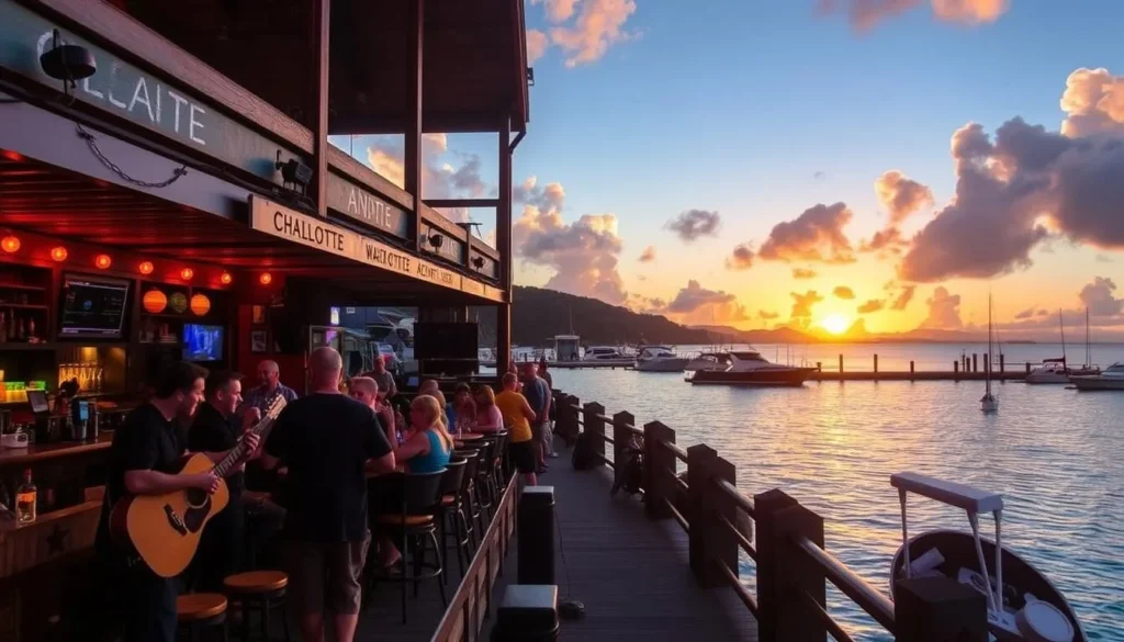 Image of a waterfront bar in Charlotte Amalie with live music and a beautiful harbor view