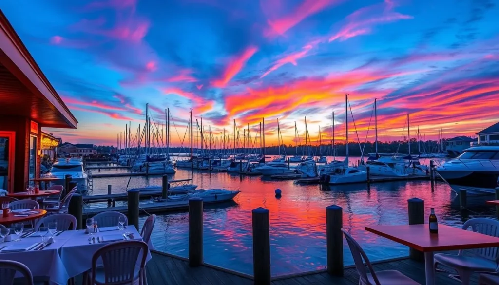 Image of a waterfront restaurant in Cape Charles with a beautiful marina view