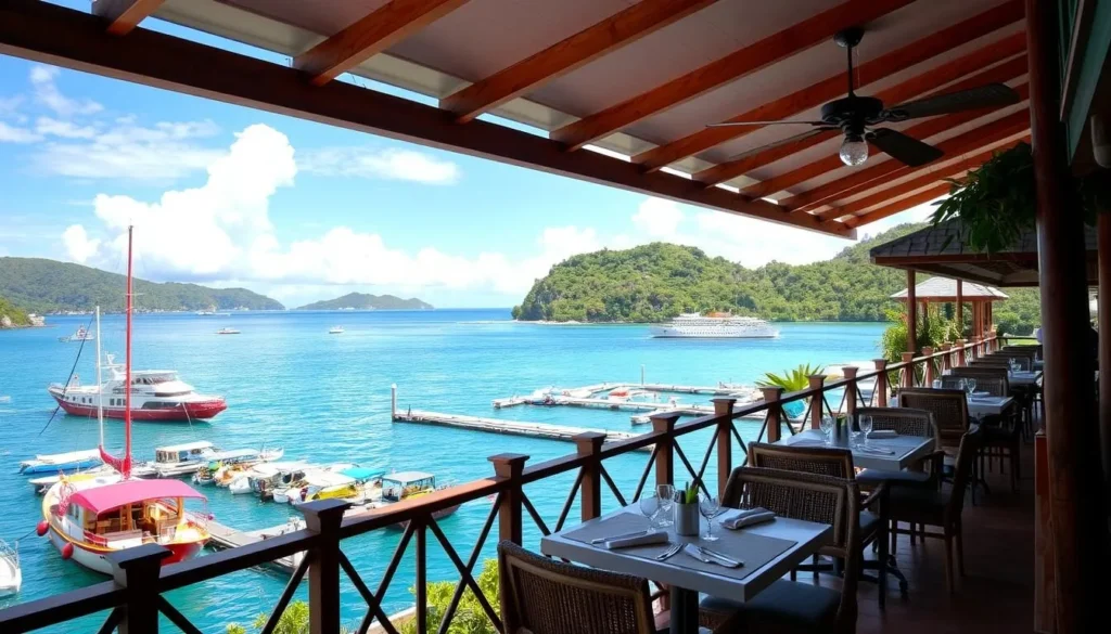 Image of a waterfront restaurant in Marigot Bay with a beautiful view of the harbor