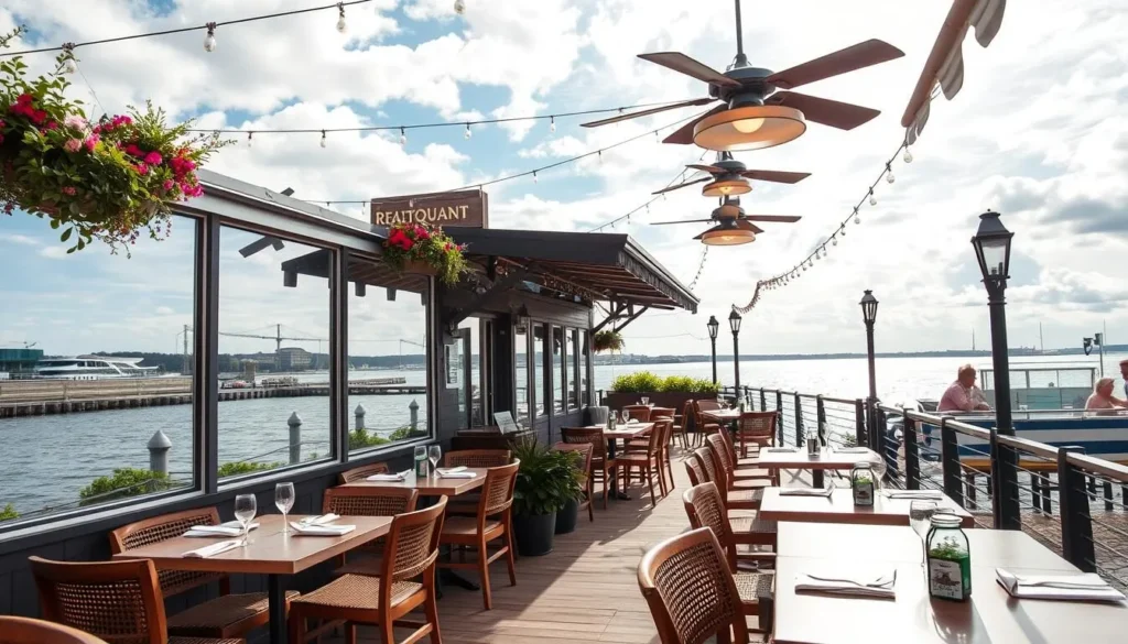 Image of a waterfront restaurant in Norfolk with a scenic view
