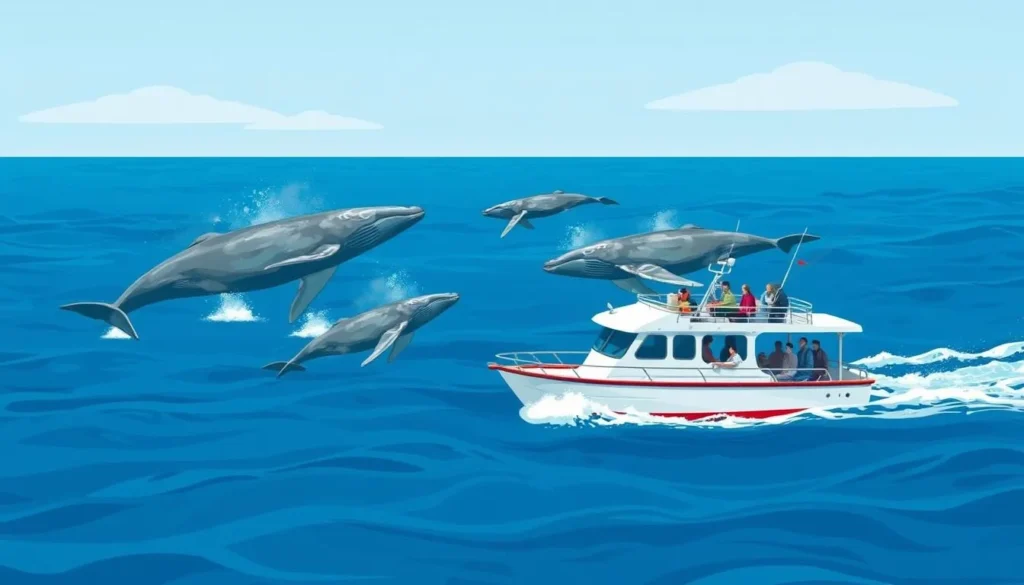 Image of a whale watching tour boat with gray whales in the background