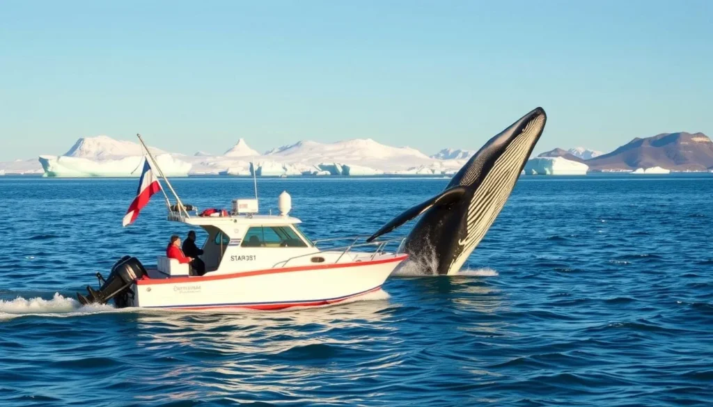 Image of a whale watching tour in Greenland, with a boat near a whale Image of a whale watching tour in Greenland, with a boat near a whale