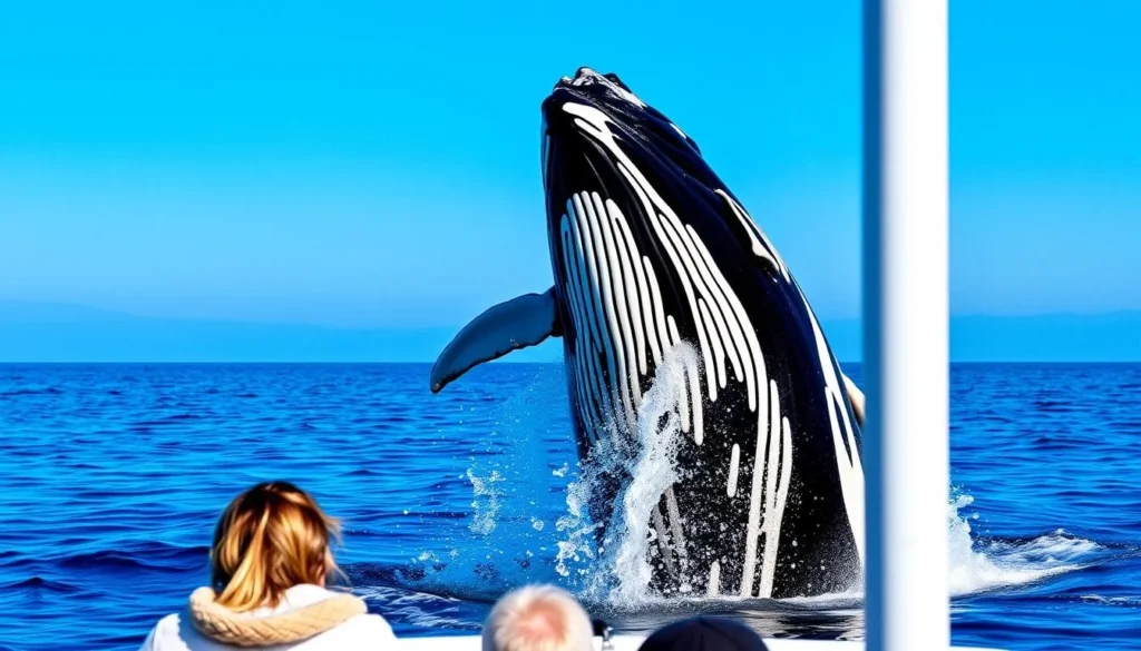 Image of a whale watching tour in Newport Beach with a whale breaching in the background