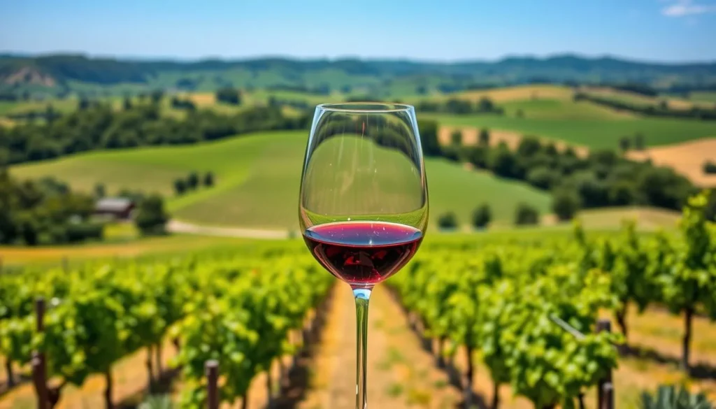 Image of a wine glass with a scenic vineyard background