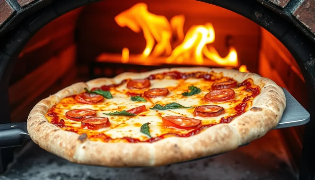 Image of a wood-fired pizza being taken out of the oven