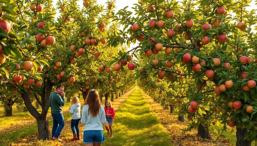 Image of an Iowa apple orchard with ripe apples and visitors enjoying the fall atmosphere