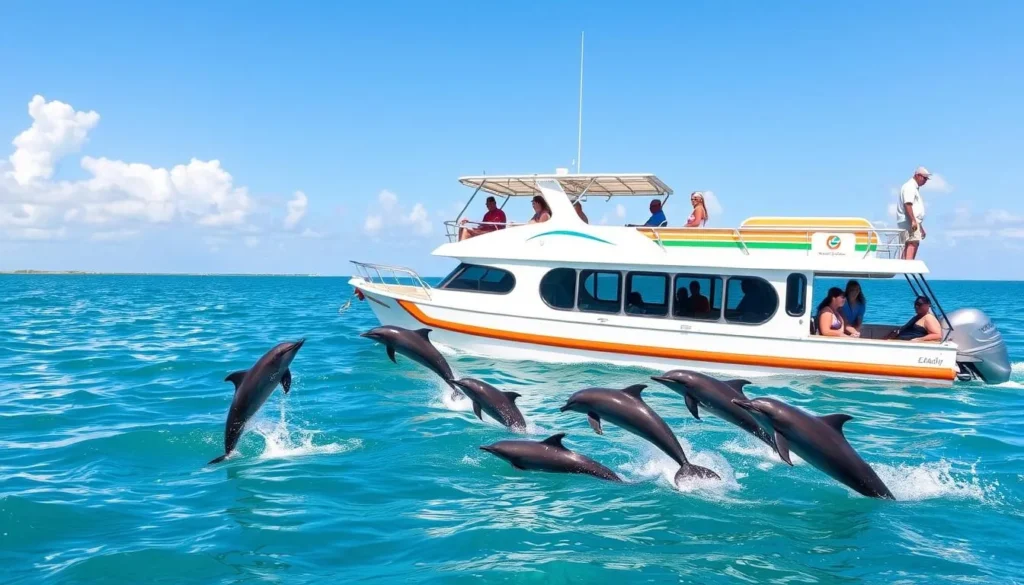 Image of an eco-tour boat in Key West waters with dolphins