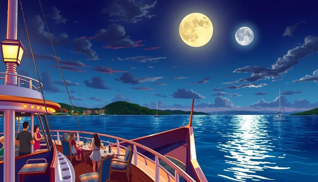 Image of an evening harbor cruise in Charlotte Amalie with a beautiful sunset or moonlit view
