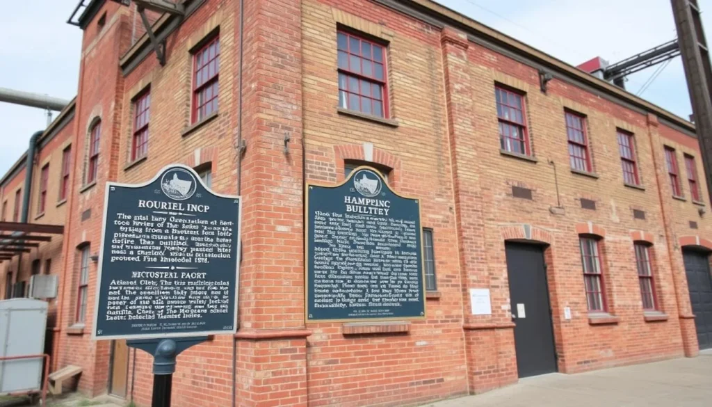 Image of an old industrial building in Hammond with informational plaques