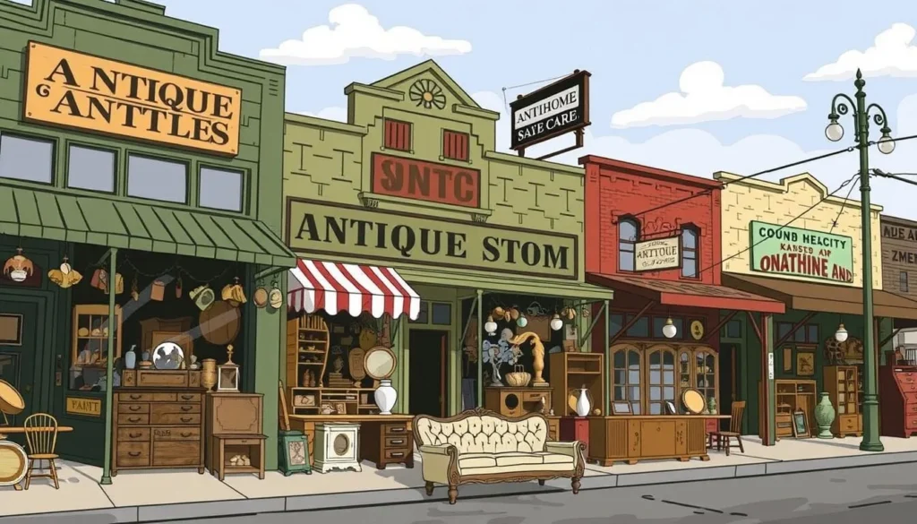 Image of antique stores in West Bottoms, Kansas City, with vintage furniture and architectural salvage