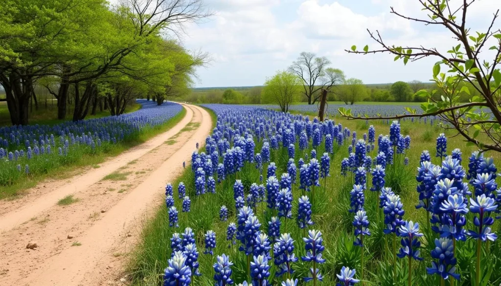 Image of bluebonnets in full bloom along a trail in Washington County
