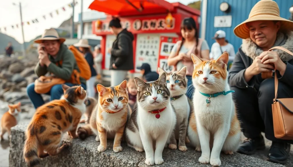 Image of cats on Tashirojima island, interacting with visitors