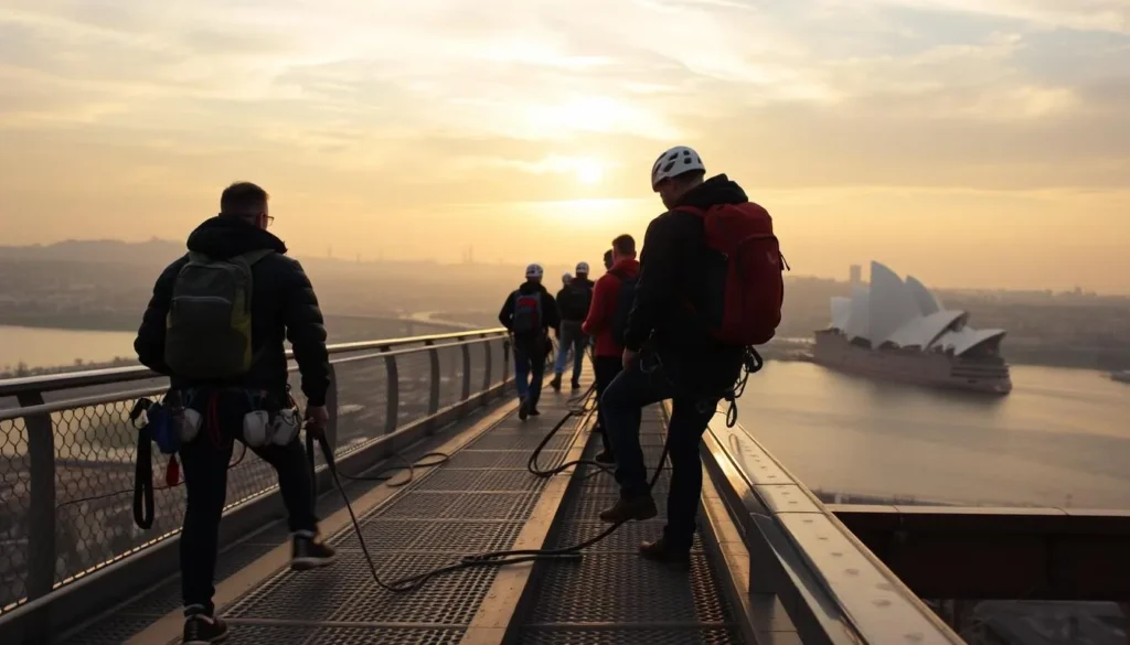 Image of climbers ascending the Story Bridge at dawn