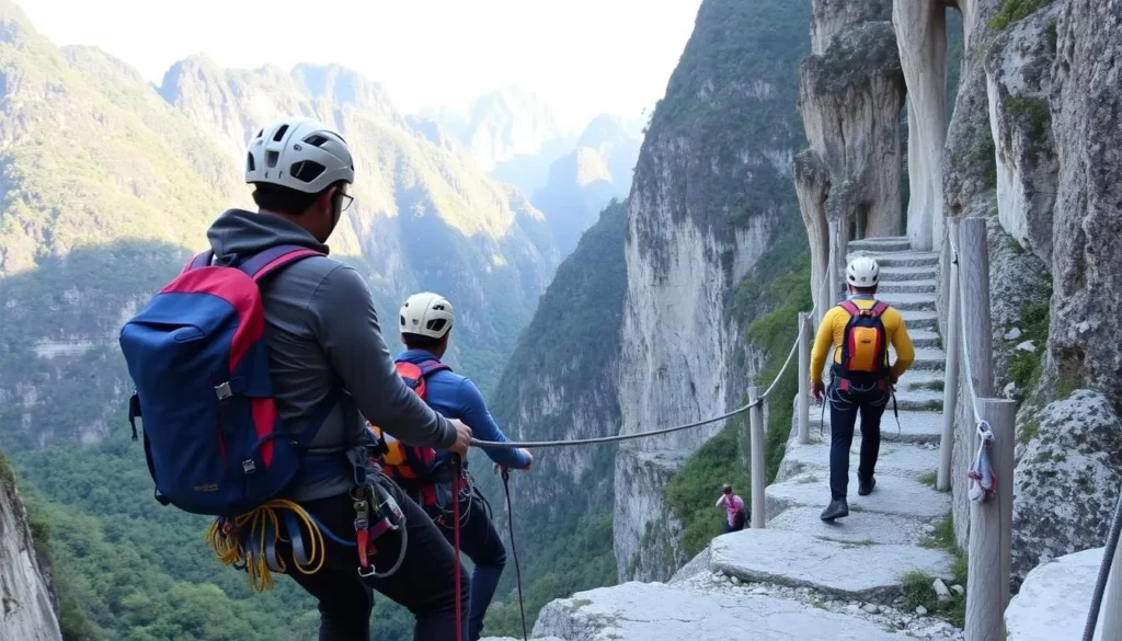 Image of climbers on Yangshuo's Via Ferrata route