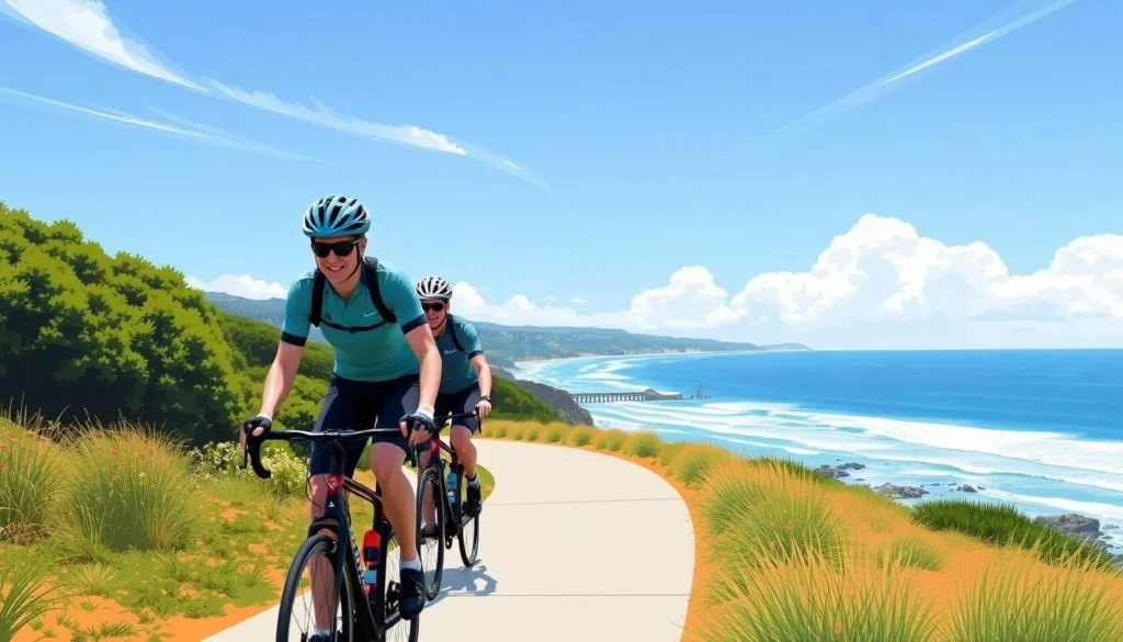Image of cyclists riding along the Cabrillo Bike Path with ocean views