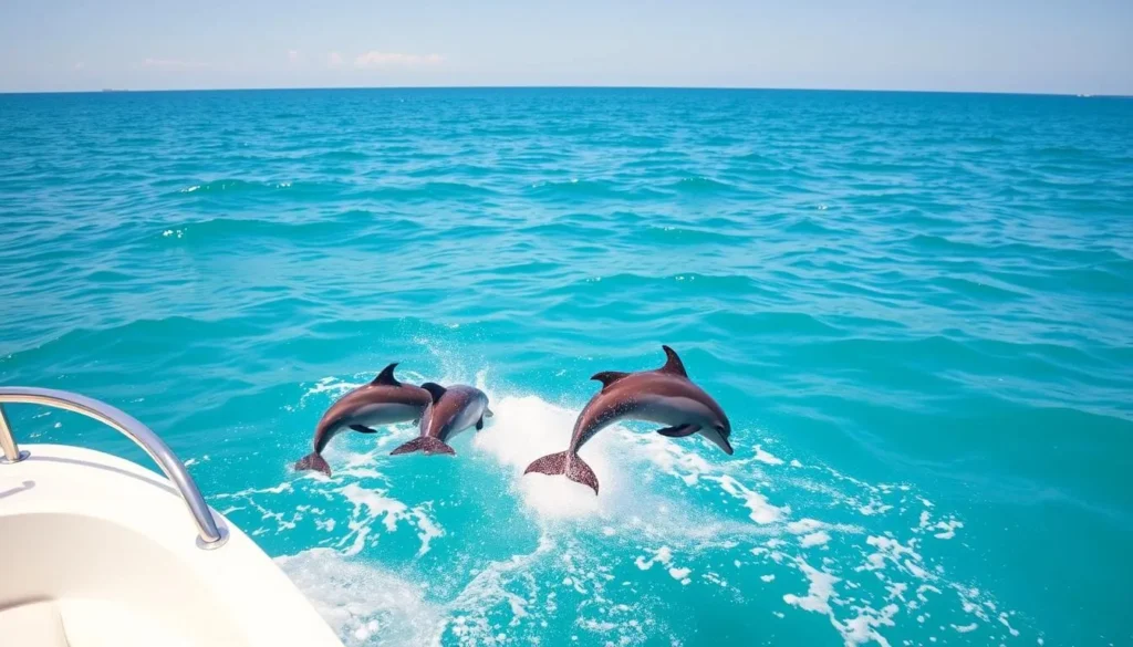 Image of dolphins jumping out of the water near a boat