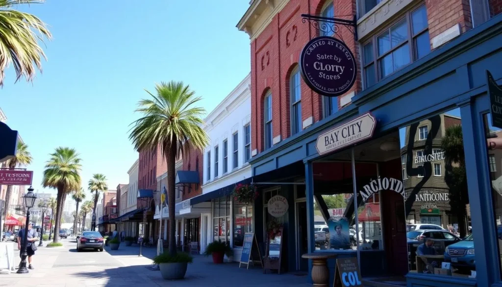 Image of downtown Bay City's charming streets with boutique shops and antique stores