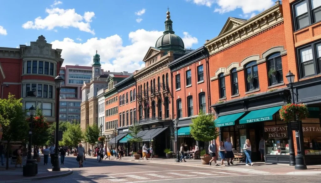 Image of downtown Burlington with historic buildings and modern shops