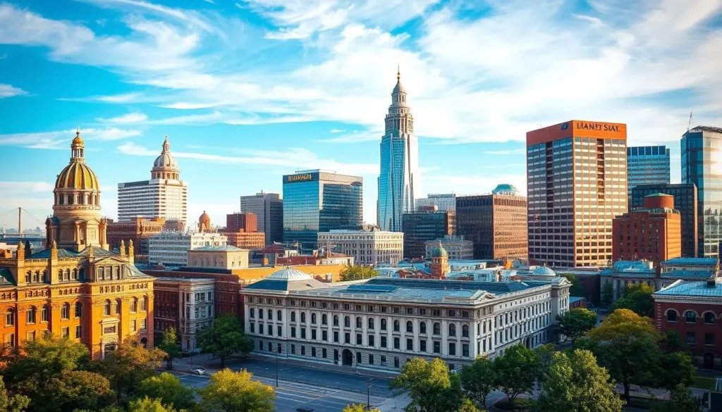 Image of downtown Columbus with a mix of historic and modern buildings