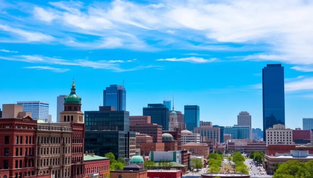 Image of downtown Kalamazoo with a mix of historic and modern buildings