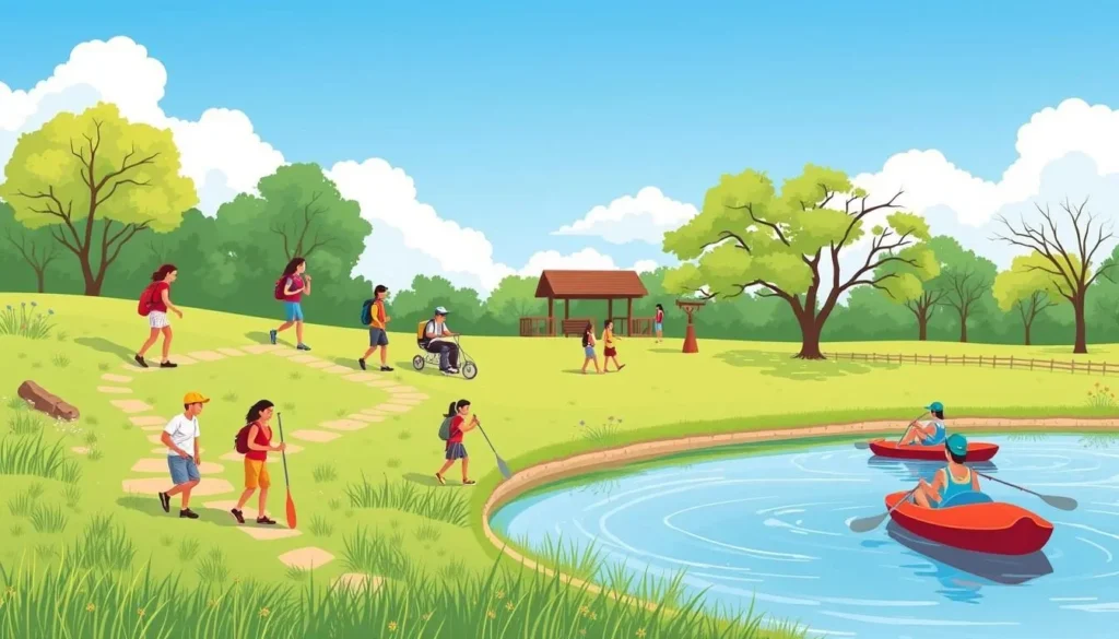 Image of families enjoying outdoor activities at Shelby Farms Park, such as hiking or paddle boating