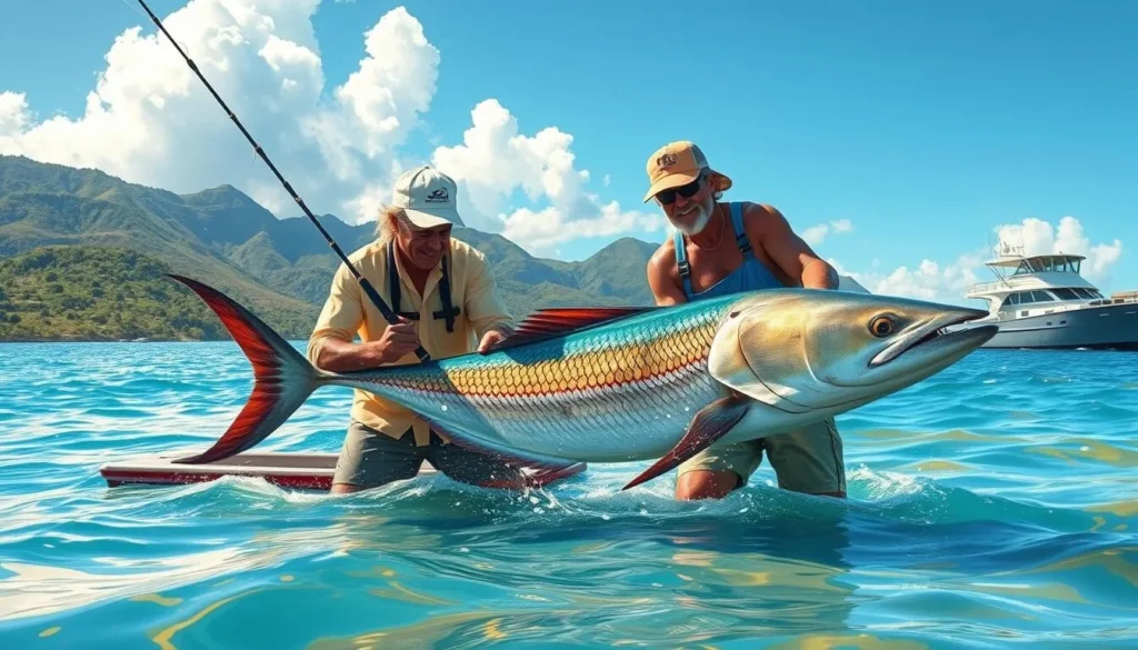 Image of fishermen reeling in a catch in Marigot Bay