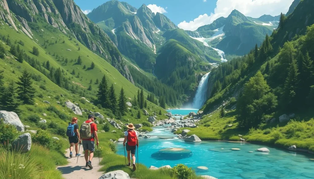 Image of hikers approaching the Blue Eye spring in Theth National Park