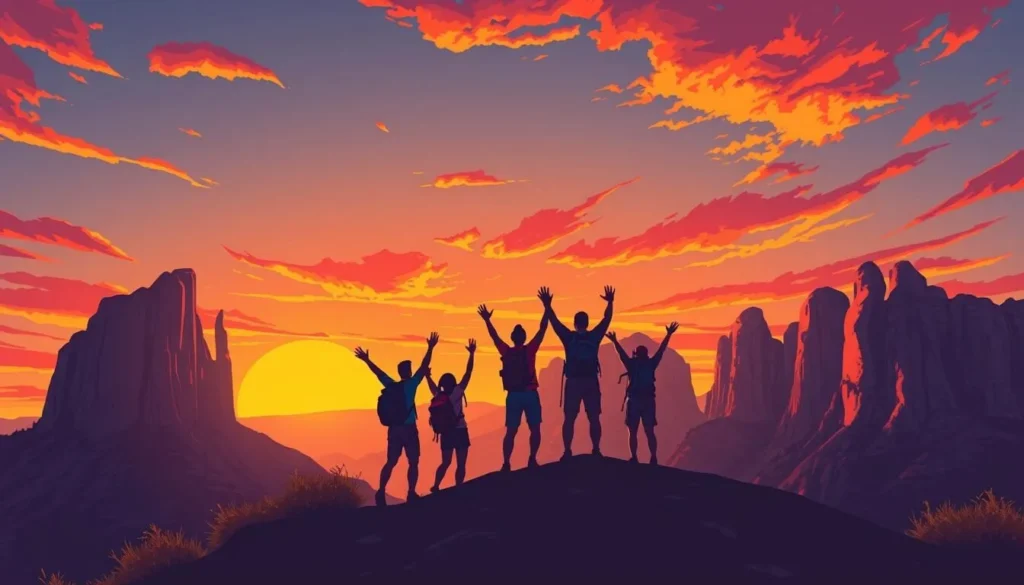 Image of hikers reaching the saddle of Cathedral Rock at sunset