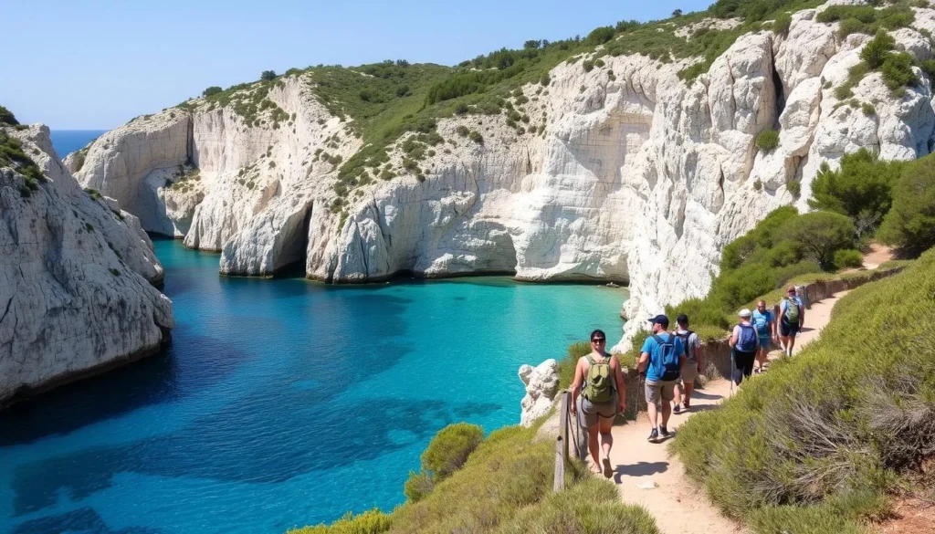 Image of hikers walking through Calanques National Park Image of hikers walking through Calanques National Park