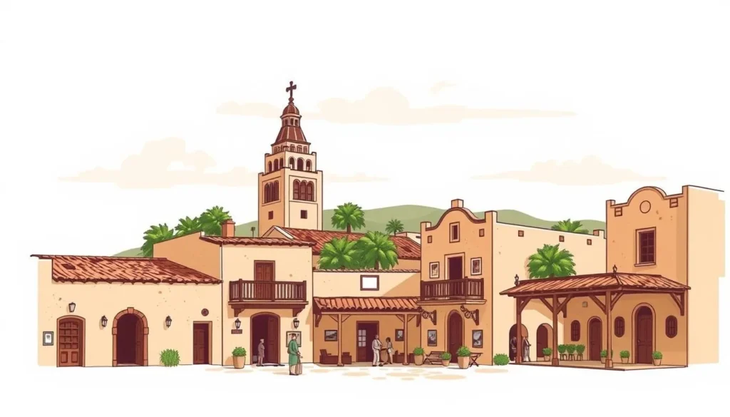 Image of historic Old Town San Diego with preserved adobe buildings