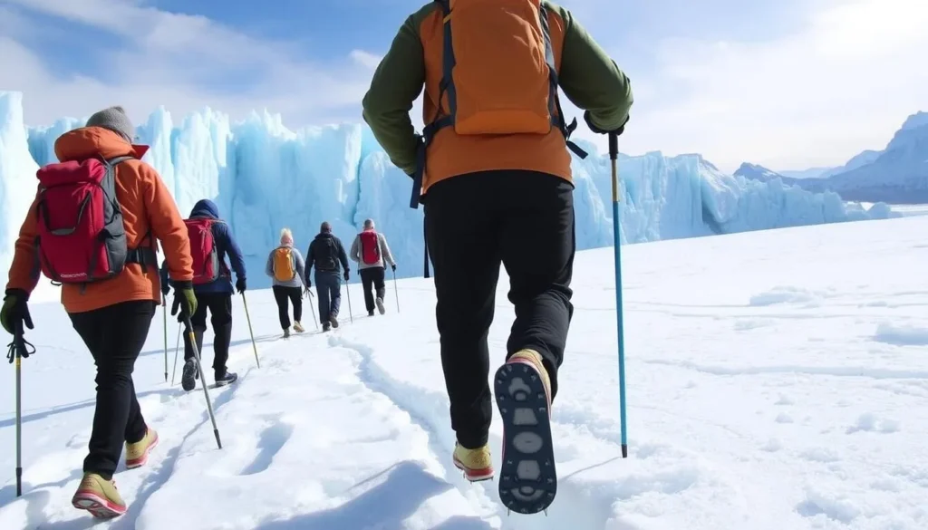 Image of ice trekking on Perito Moreno Glacier, with trekkers wearing crampons and walking on the glacier's surface.