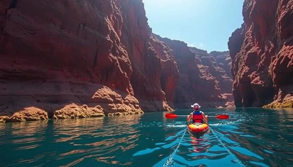 Image of kayakers paddling along the caldera cliffs