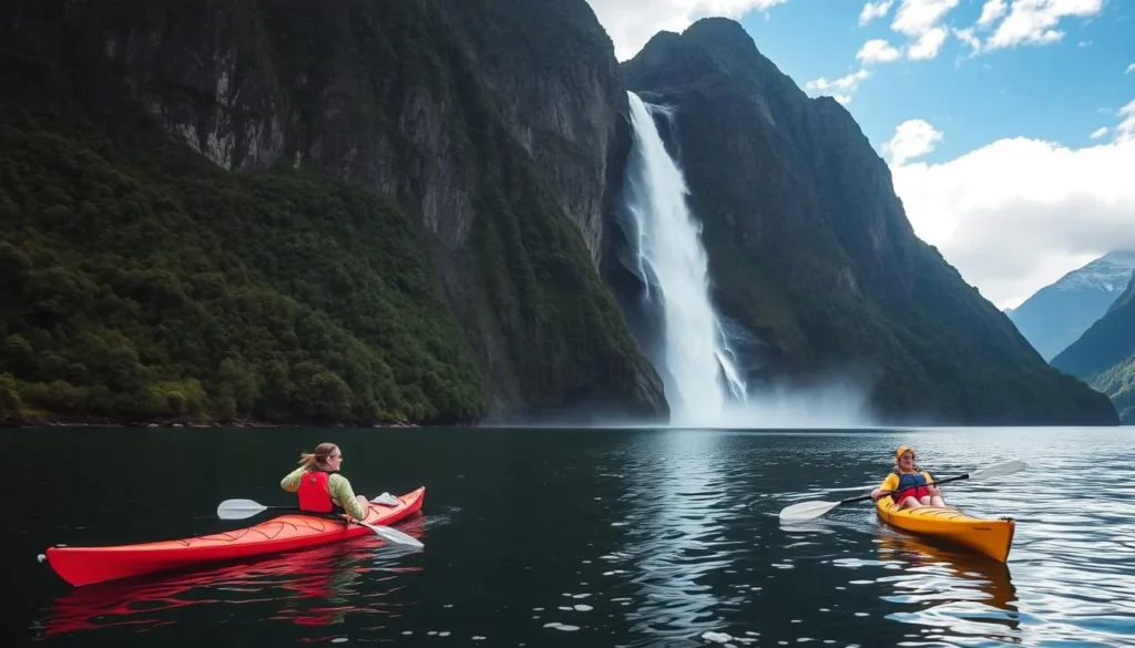 Image of kayakers paddling near a waterfall in Milford Sound