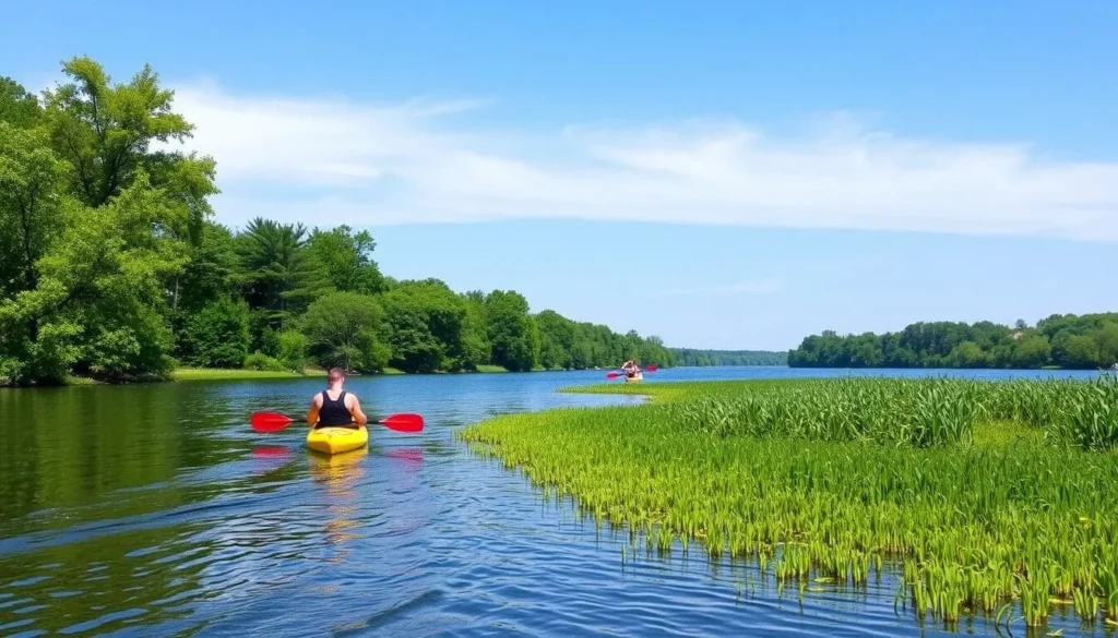 Image of kayakers paddling on the Red River or Mill Creek Lake
