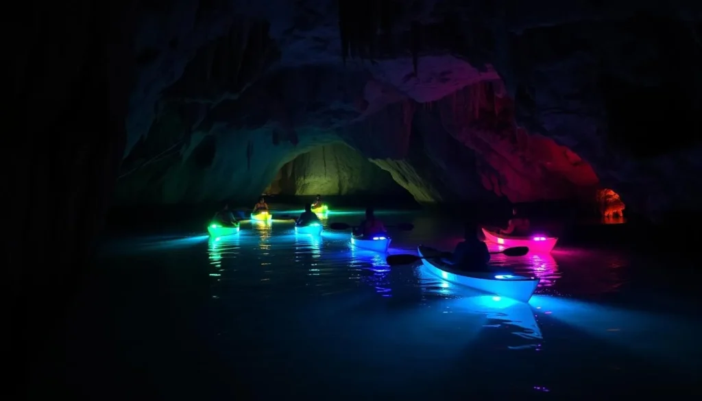 Image of kayakers paddling through a flooded limestone cave with LED lights on their boats