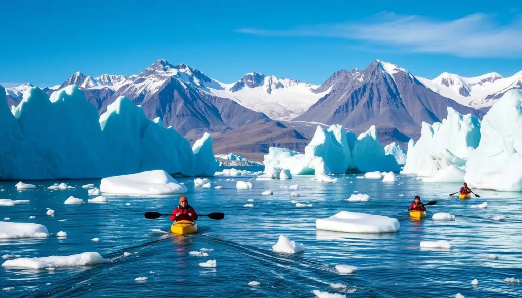 Image of kayakers paddling through icy glacial waters in Greenland Image of kayakers paddling through icy glacial waters in Greenland