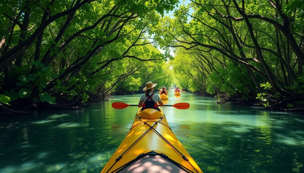 Image of kayakers paddling through mangrove tunnels in Key West