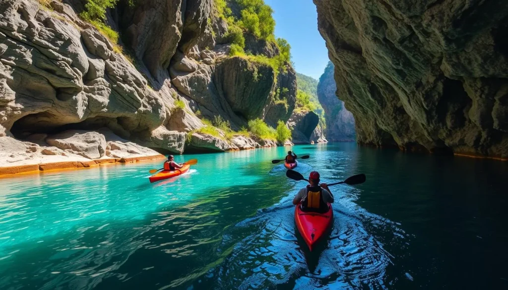 Image of kayakers paddling through the crystal-clear waters of The Gorge Underground