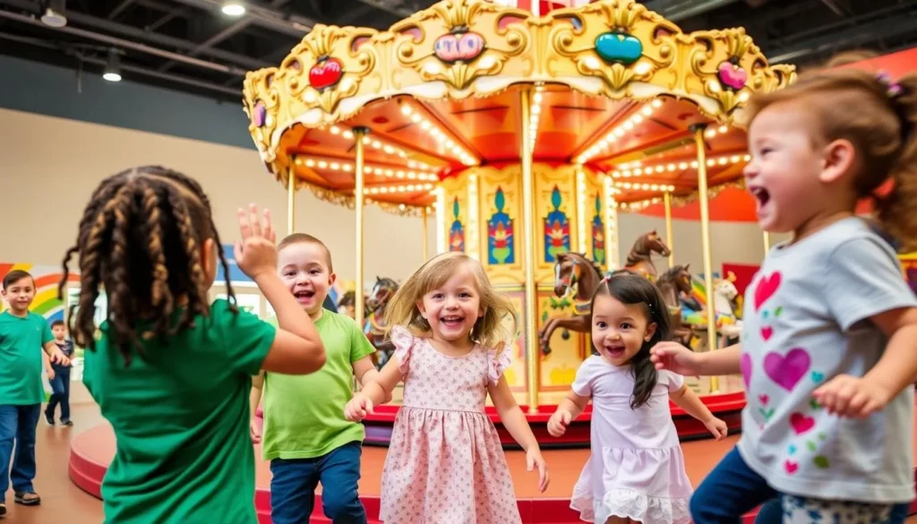 Image of kids playing at the Children's Museum of Memphis, with a focus on the restored Grand Carousel
