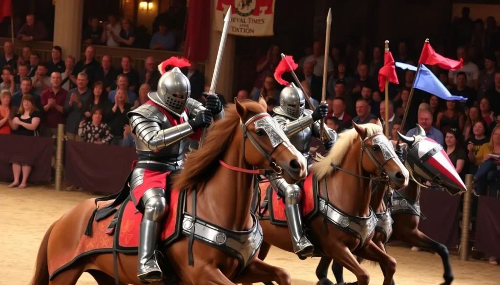 Image of knights on horseback jousting during the Medieval Times Dinner & Tournament.