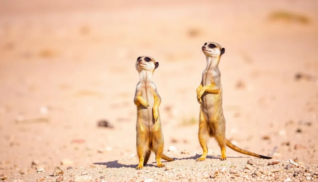 Image of meerkats in Makgadikgadi, standing on their hind legs and looking around.