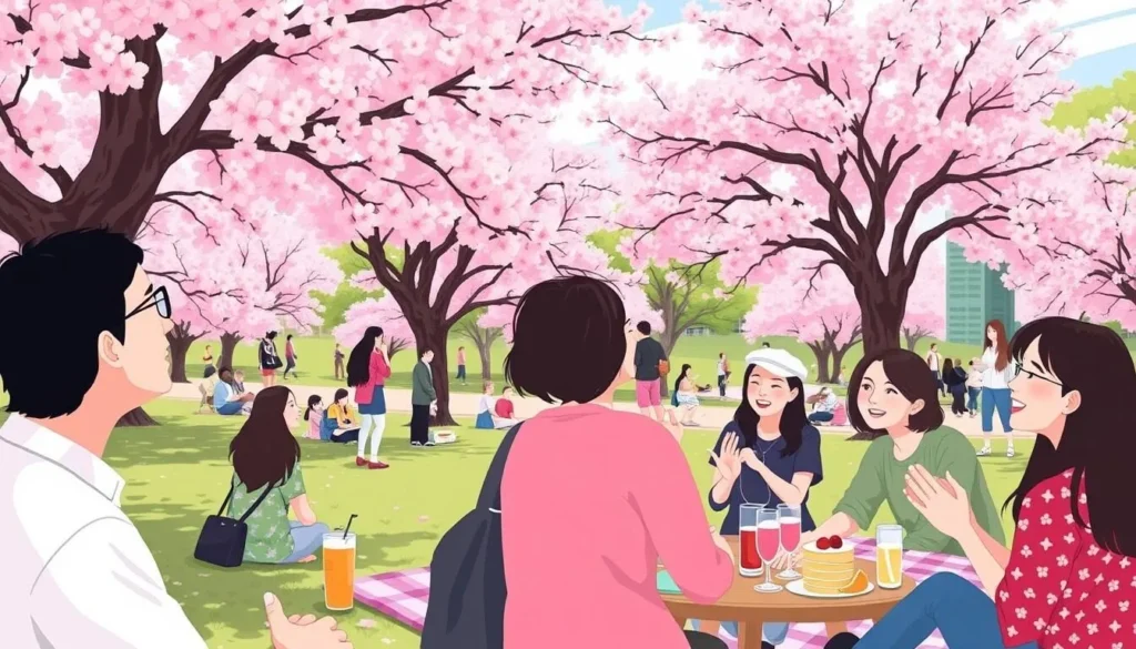 Image of people enjoying Hanami under blooming cherry trees